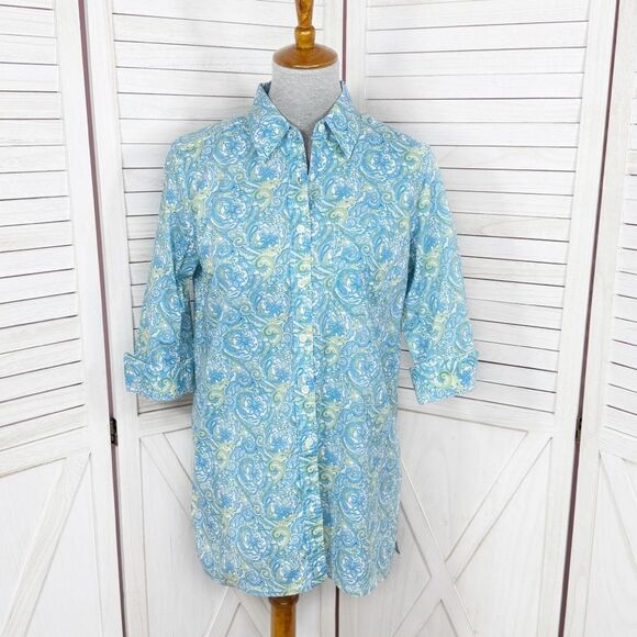 Real Clothes Saks Fifth Ave Paisley Button Up Shirt Green Blue 4 - Picture 1 of 11